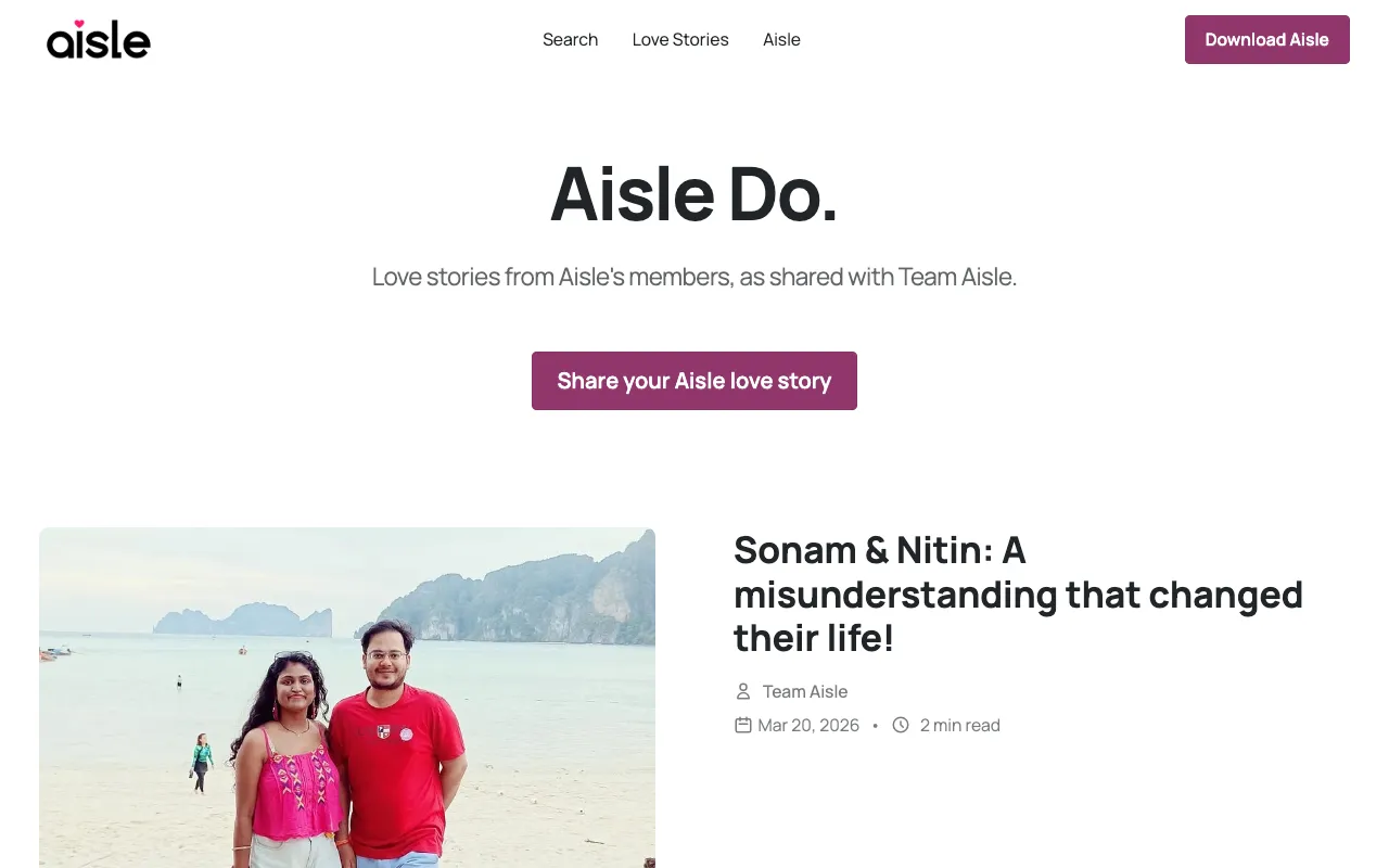 Aisle blog homepage — Consumer / Dating blog example built on Superblog