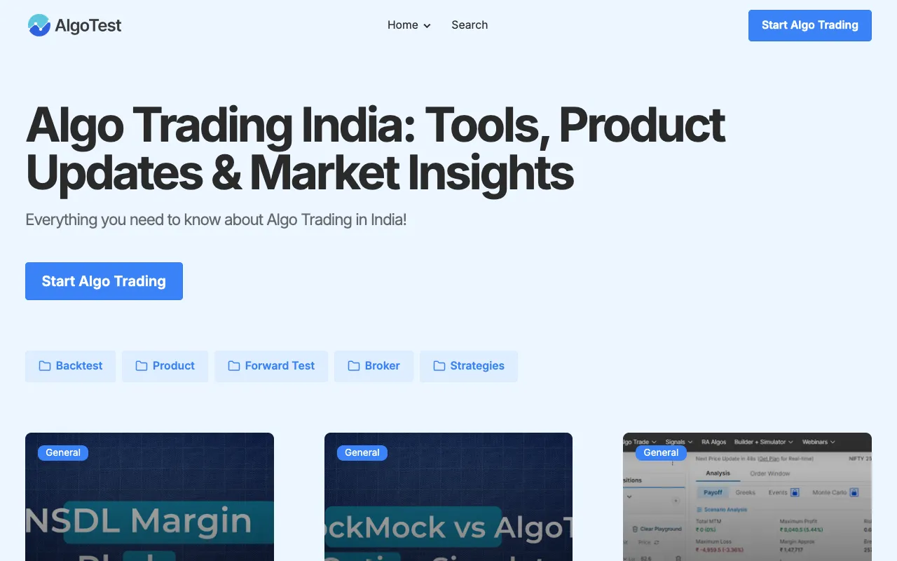 AlgoTest blog homepage — Fintech / Trading blog example built on Superblog