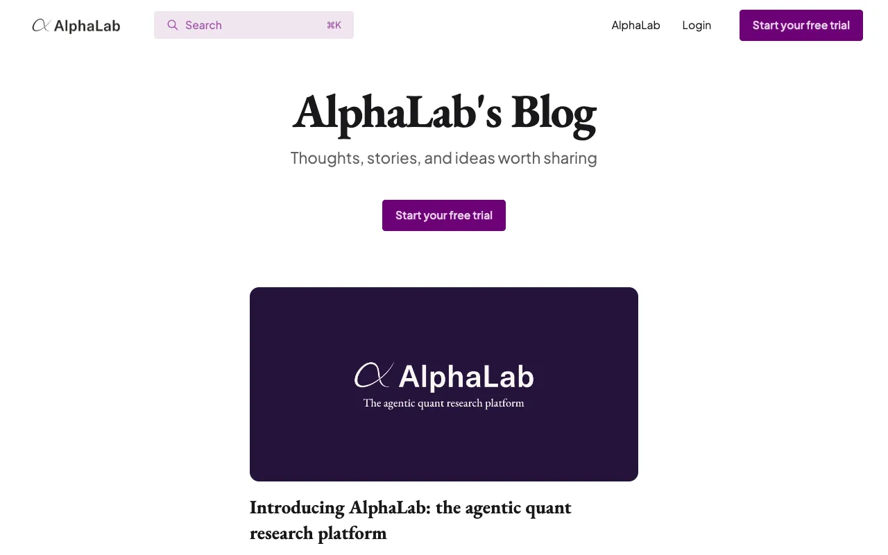 AlphaLab blog homepage — AI / Quant Research blog example built on Superblog