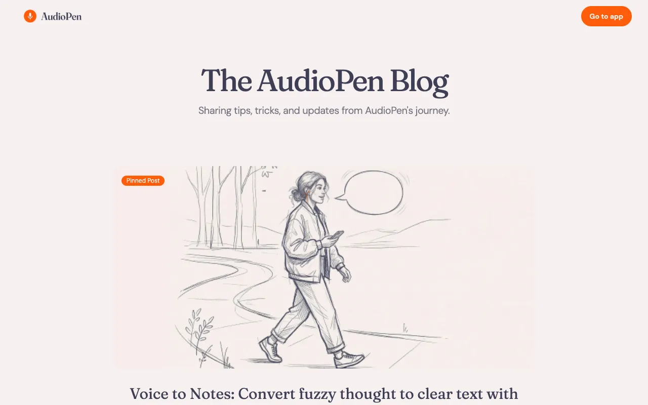 AudioPen blog homepage — AI / Productivity blog example built on Superblog