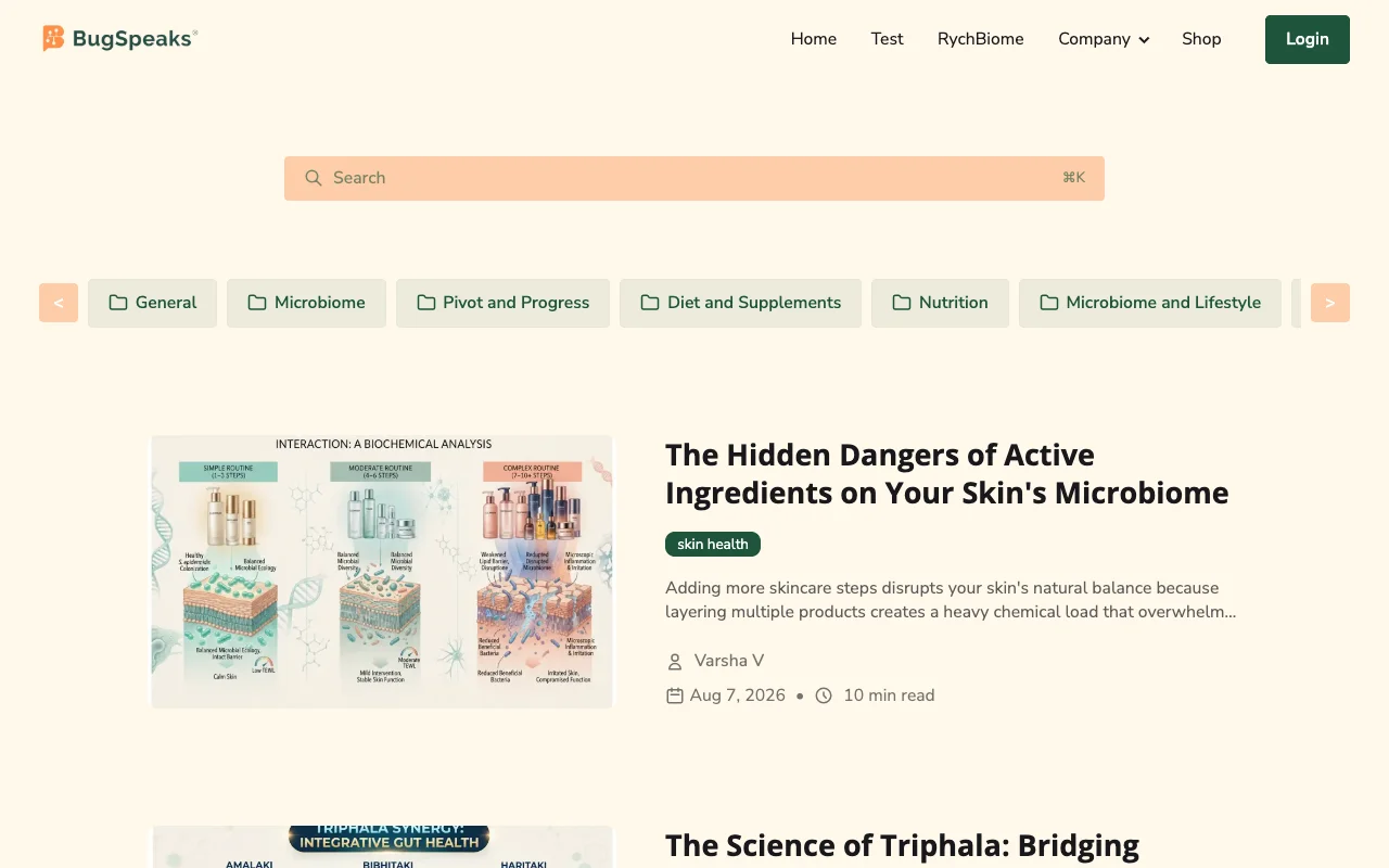 BugSpeaks blog homepage, a Biotech / Microbiome blog example built on Superblog