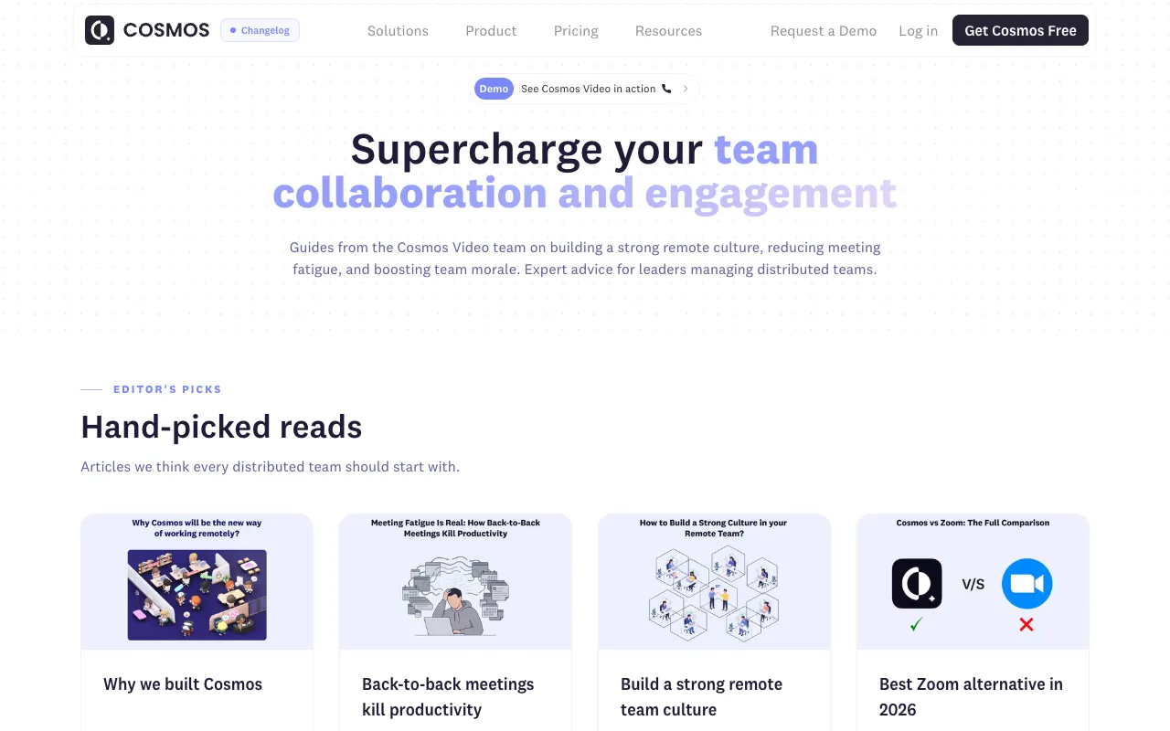 Cosmos Video blog homepage — SaaS / Video blog example built on Superblog