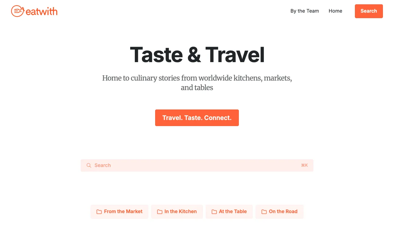 Eatwith blog homepage — Marketplace / Food blog example built on Superblog