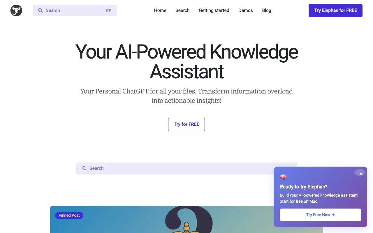 Elephas blog homepage — AI / Mac App blog example built on Superblog