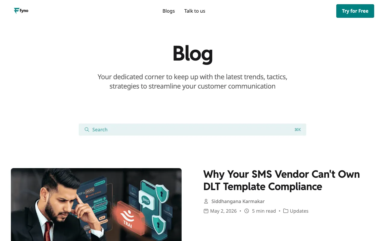 Fyno blog homepage — DevTools blog example built on Superblog