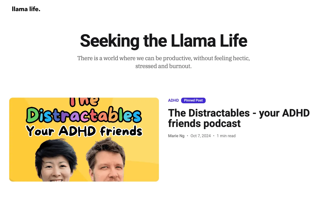 Llama Life blog homepage — Productivity blog example built on Superblog