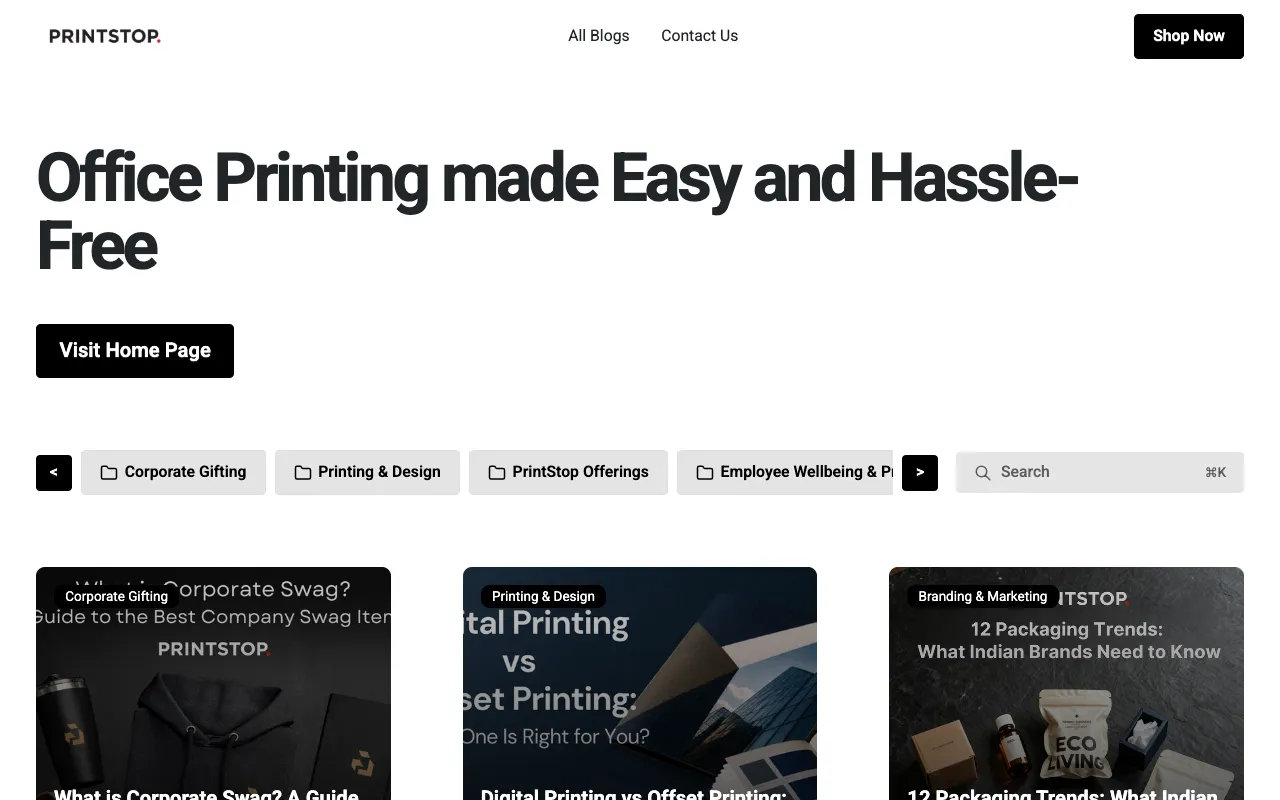 PrintStop blog homepage — E-commerce / Print blog example built on Superblog