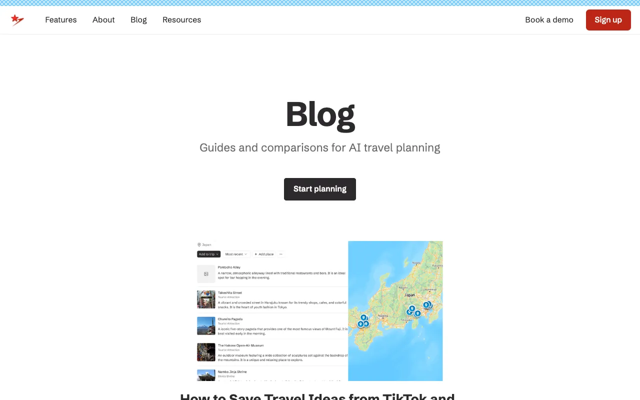 Stardrift blog homepage — AI / Travel blog example built on Superblog