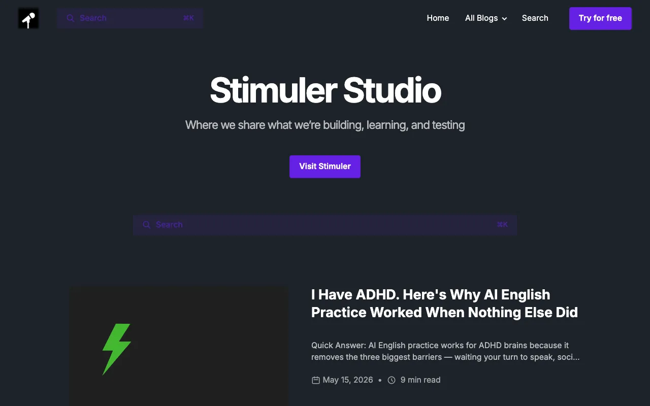 Stimuler blog homepage — EdTech / Language blog example built on Superblog