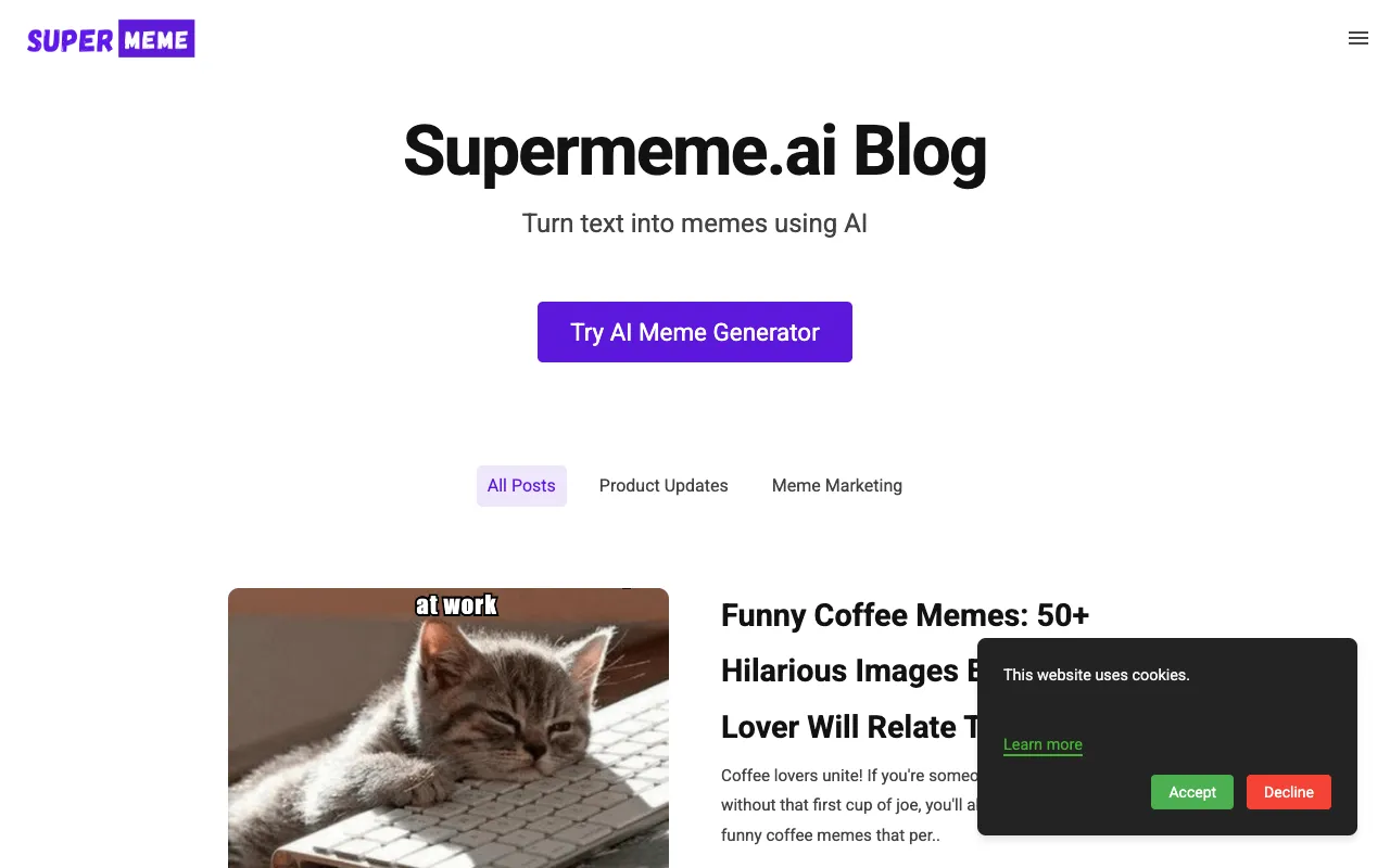 Supermeme blog homepage — AI / Marketing blog example built on Superblog