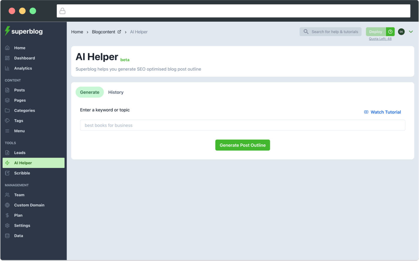 Superblog AI Helper interface showing SEO-optimized blog post outline generation