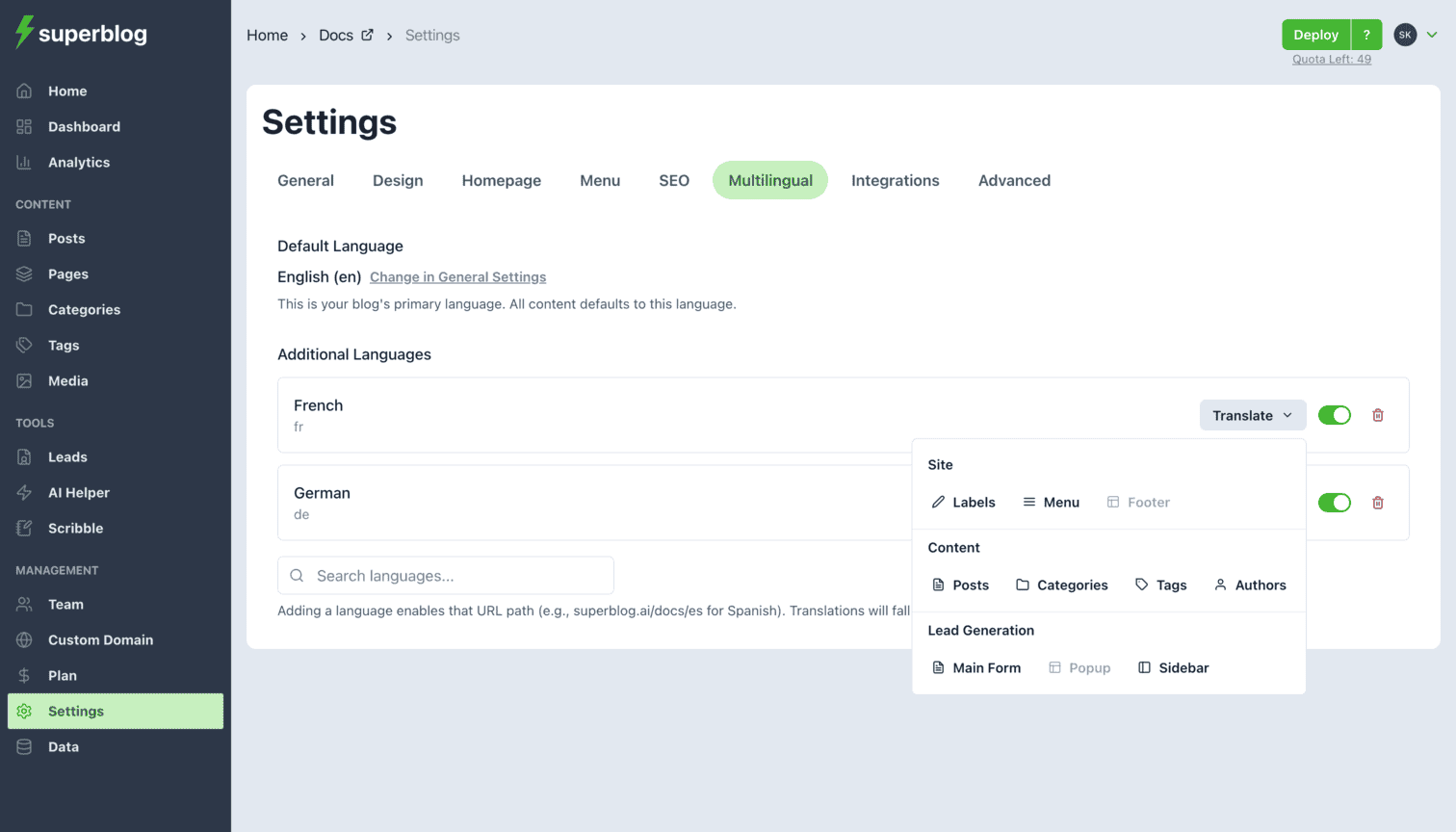 Superblog multilingual SEO settings interface